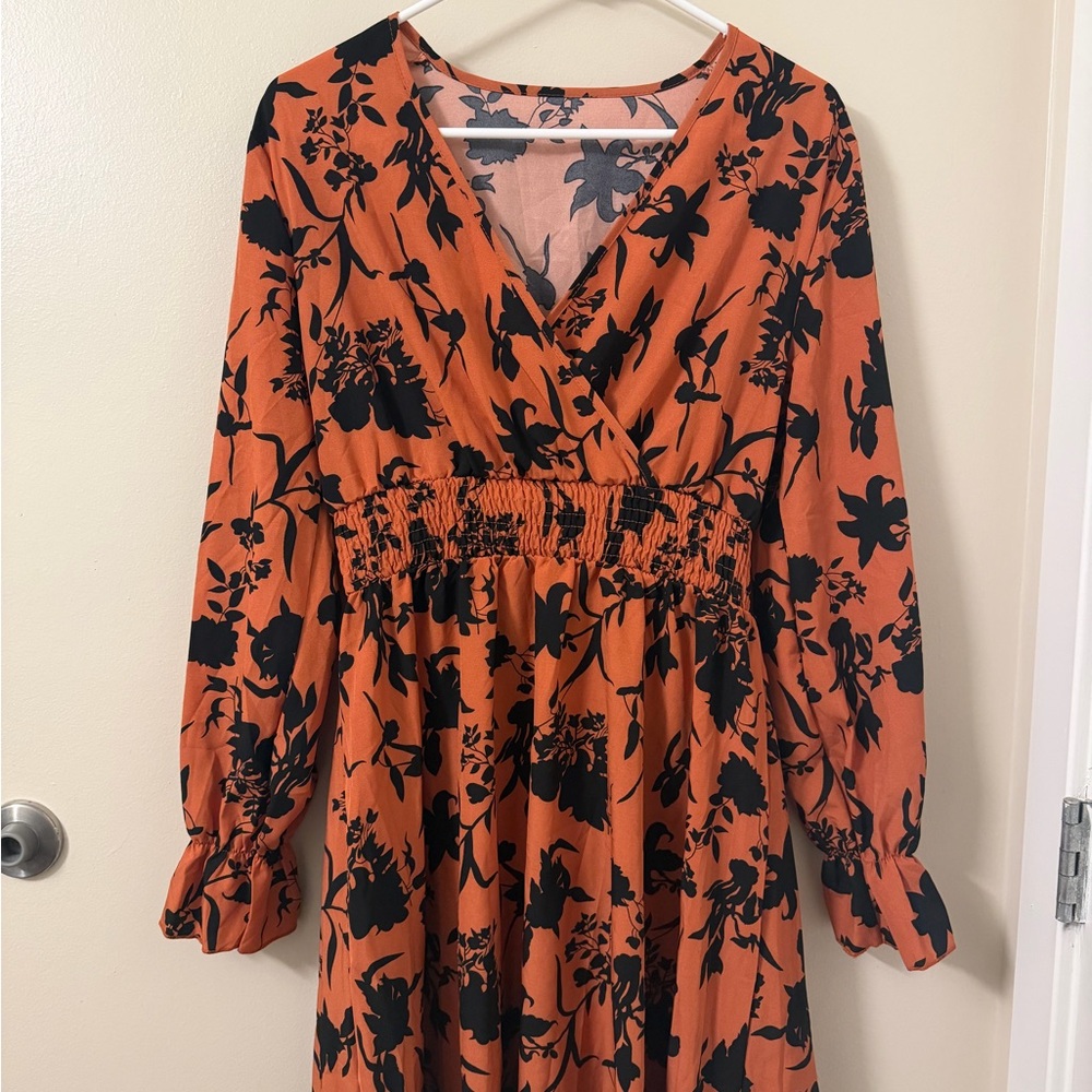 SHEIN Orange and Black Floral Midi Dress